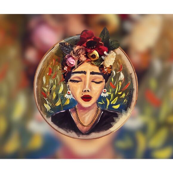 Handcrafted Circular Canvas Art – Portrait of a Woman with Floral Crown - Picture 3 of 3